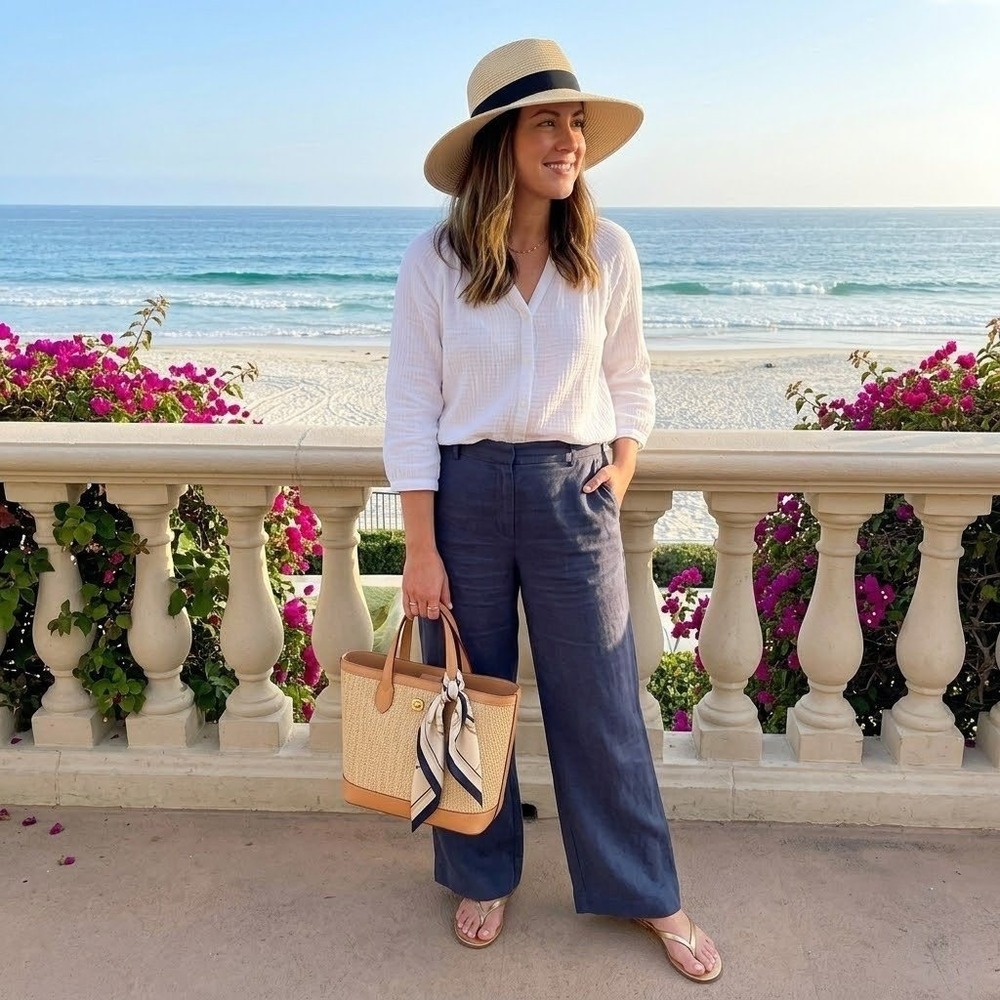 LL Bean 100% Linen Pants Womens 6 Blue Coastal Resort Vacation Summer 30W 28.5L